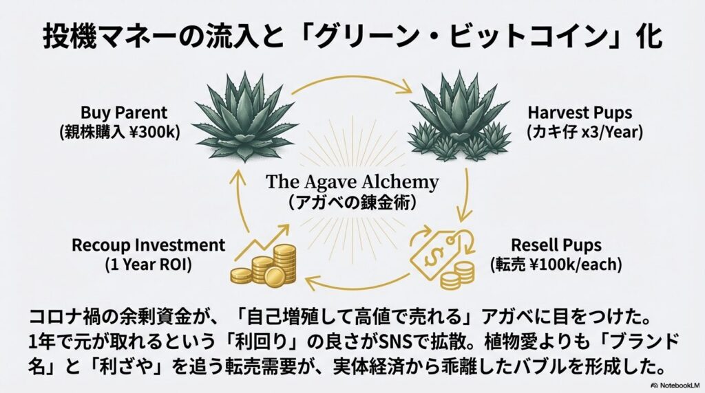 親株の購入から子株（カキ仔）の収穫、転売による利益回収を示すアガベの錬金術と投機マネーの流れ