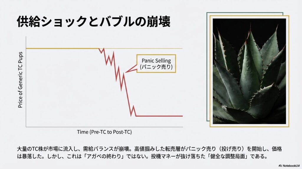 メリクロン株の大量流通による供給ショックと、転売ヤーのパニック売りによるアガベ価格の暴落を示すグラフ