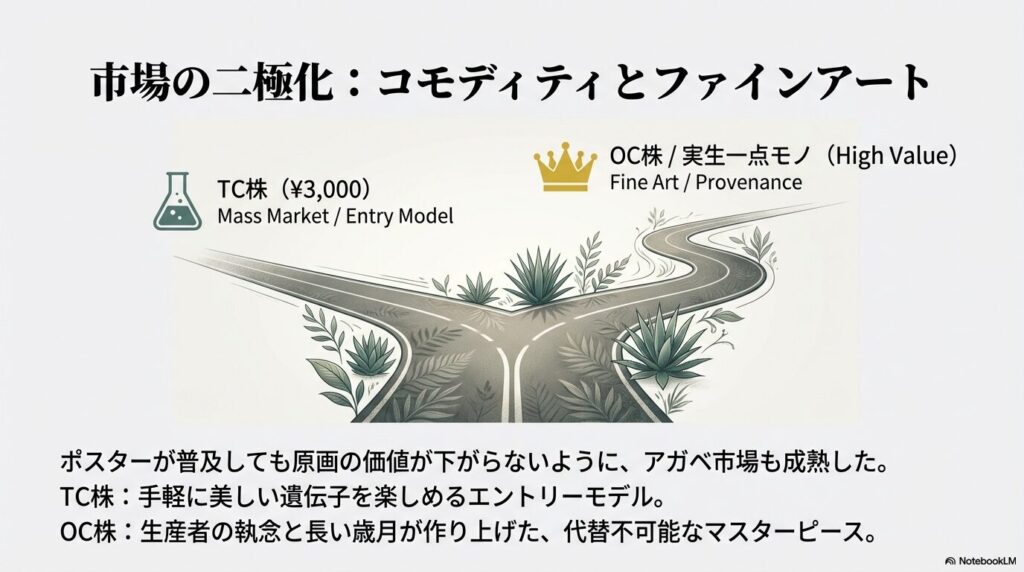 手頃なTC株と、高価格帯を維持するオリジナルクローン（OC株）や実生株の市場の二極化を示すイラスト