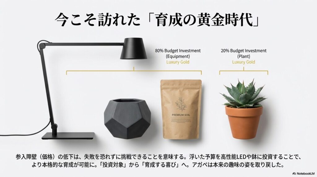 アガベ本体の価格低下により、育成環境や高性能LEDなどの設備へ予算を振り分ける育成スタイルの変化