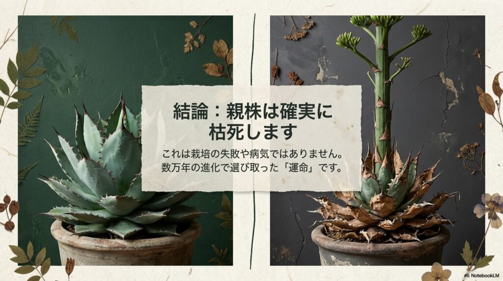 アガベは花が咲くと枯れるという現象の結論と進化の運命