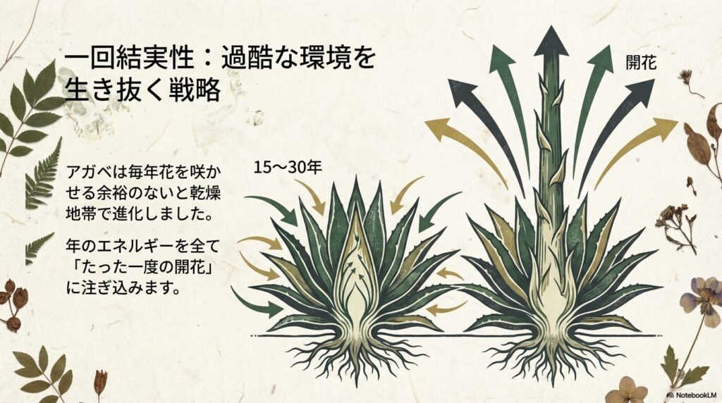 アガベが花を咲かせた後に枯れる原因である一回結実性の解説図