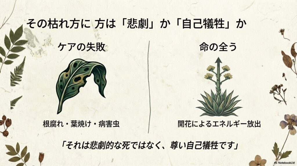 アガベが花を咲かせた後に枯れる原因である一回結実性の解説図