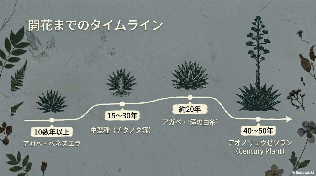 アガベの種類別寿命と開花年数（ベネズエラ、滝の白糸、アオノリュウゼツランなど）