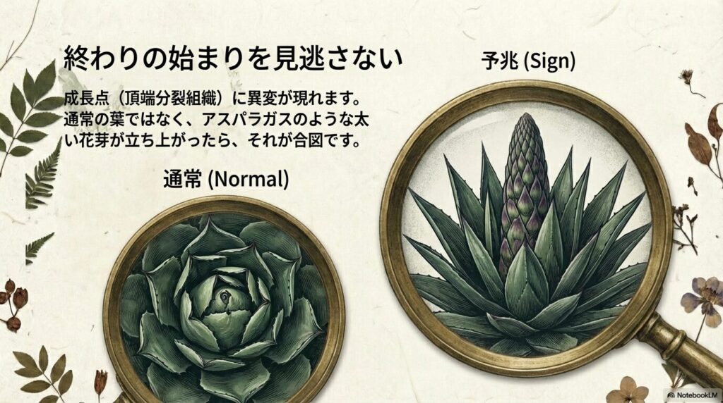 アガベの開花の兆候である成長点の変化と花茎の成長速度