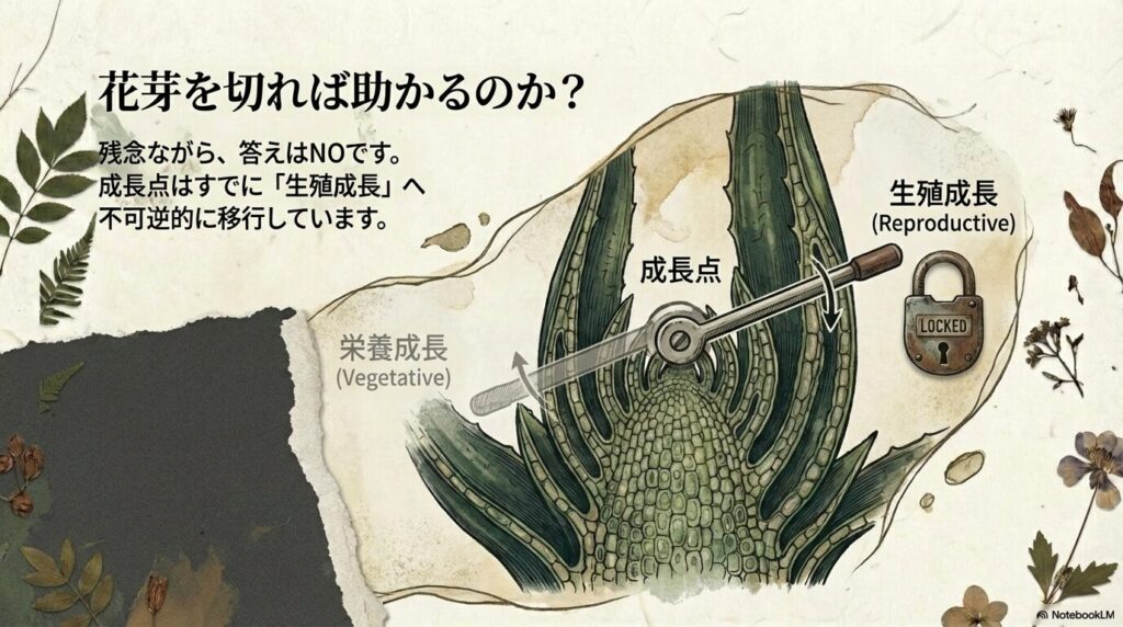 アガベの花芽を切っても枯れるのを止められない植物生理学的な理由