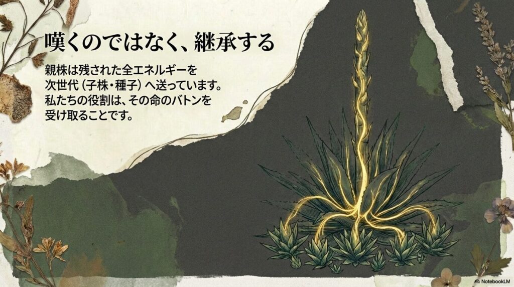 アガベの花が咲き枯れゆく親株から子株や種子へ命のバトンを継承するイメージ