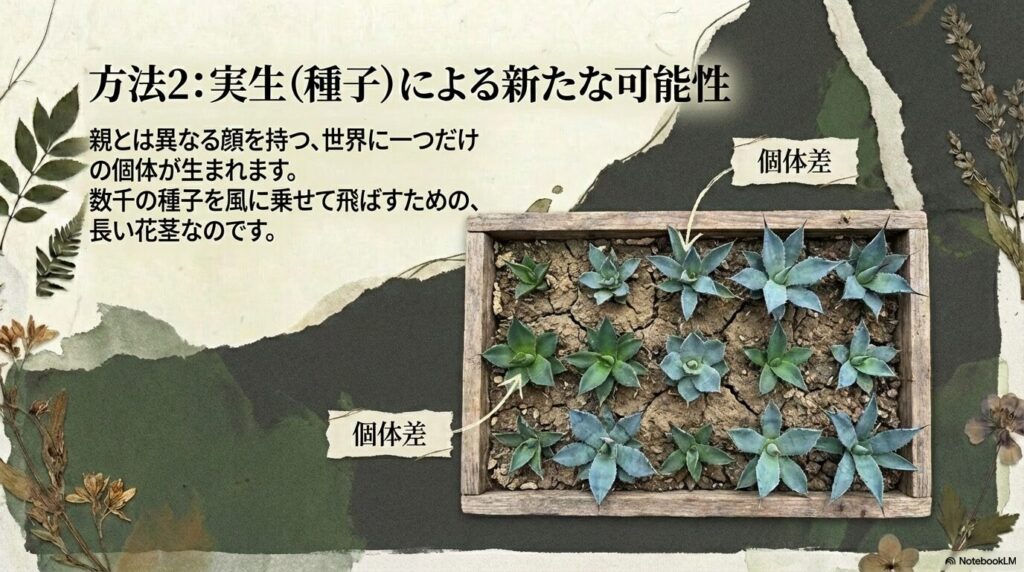 アガベの実生（種子）による繁殖で親株とは異なる個体差が生まれる仕組み