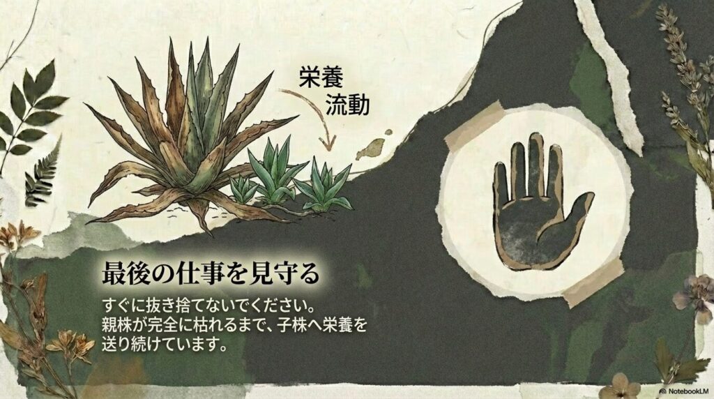 枯死に向かうアガベの親株から子株へ栄養が流動する仕組み