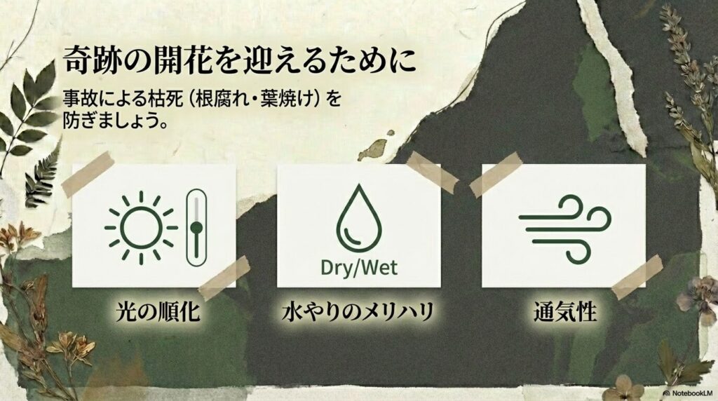 アガベを長生きさせて開花を迎えるための日常管理（水やり、光の順化、通気性）