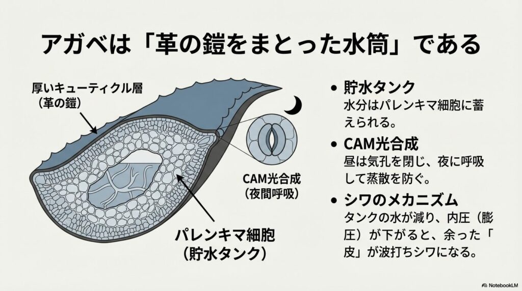 アガベの葉の内部構造。厚いキューティクル層と水分を蓄えるパレンキマ細胞