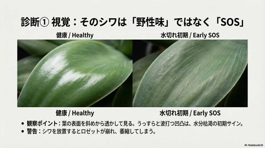 アガベの健康な葉と水切れ初期の波打つシワの比較画像
