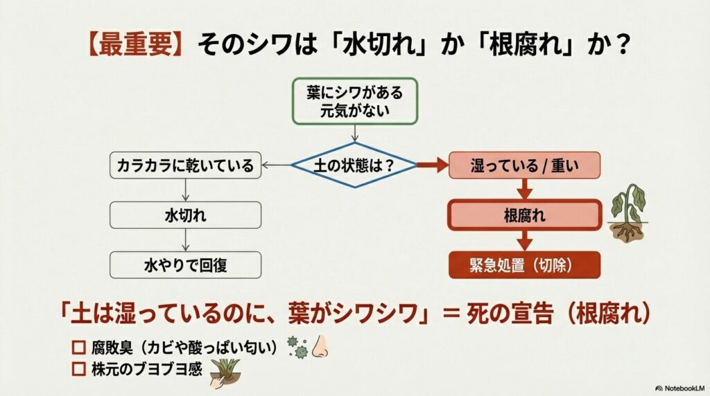 アガベの葉のシワと土の乾燥状態から水切れか根腐れかを診断するフローチャート