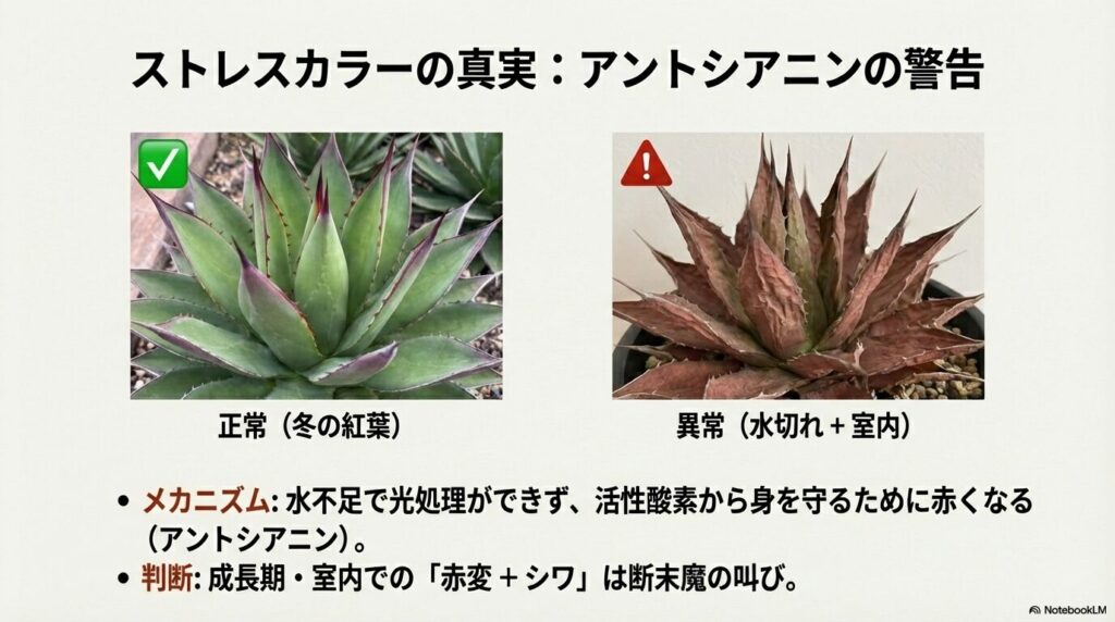 健康な冬の紅葉と、水切れや室内環境の異常を知らせるアガベのストレスカラー