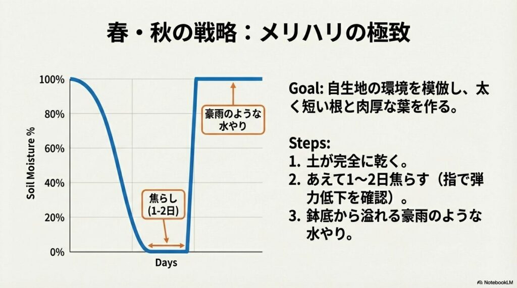 アガベの春と秋の成長期におけるメリハリのある水やりタイミングを示すグラフ