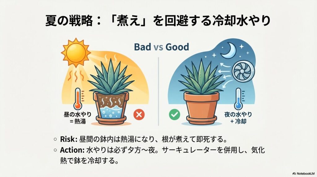 アガベの夏の水やりで根の煮えを防ぐ夕方から夜の冷却水やりの図解
