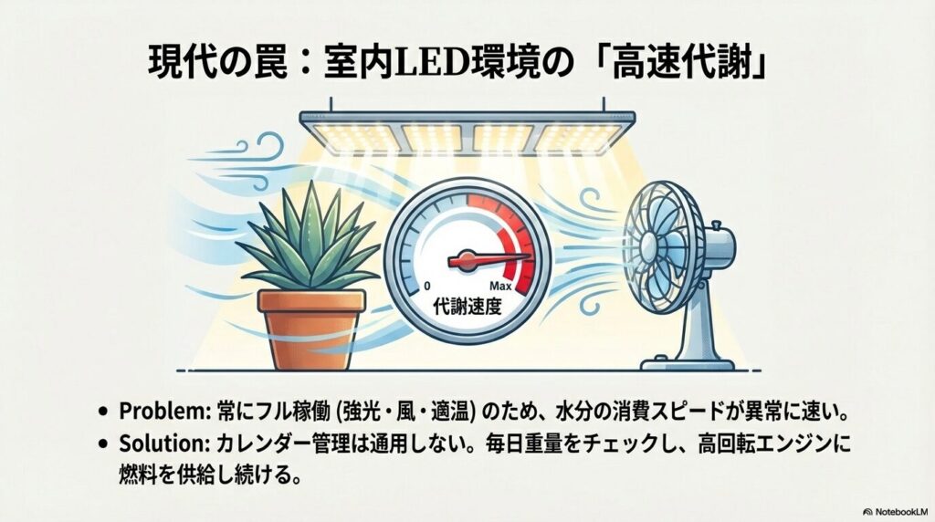 強光と風による室内LED環境下でのアガベの高速代謝と水切れ対策