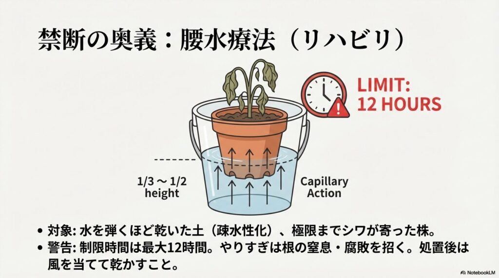 極度な水切れからアガベを回復させる制限時間12時間の腰水療法