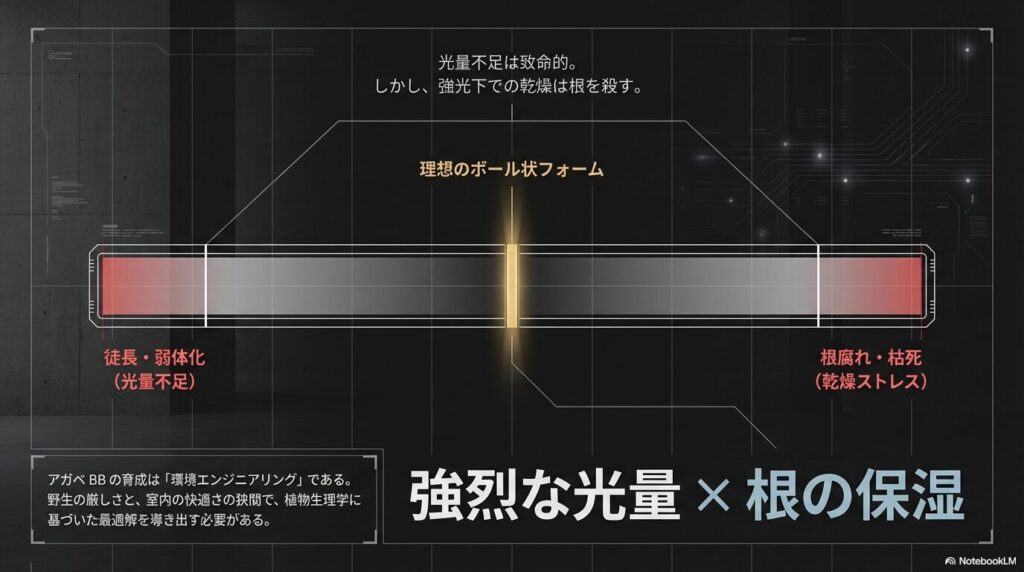 アガベ ブラックアンドブルー育成における光量不足による徒長と乾燥による根腐れのリスクを示すストライクゾーンの図解