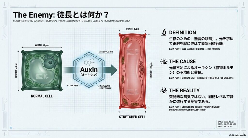 光量不足によるアガベの徒長のメカニズムとオーキシン蓄積による細胞伸長の図解
