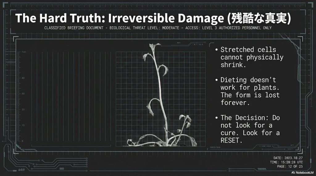 一度細胞が縦に伸びて徒長してしまったアガベの不可逆的な状態を示す画像