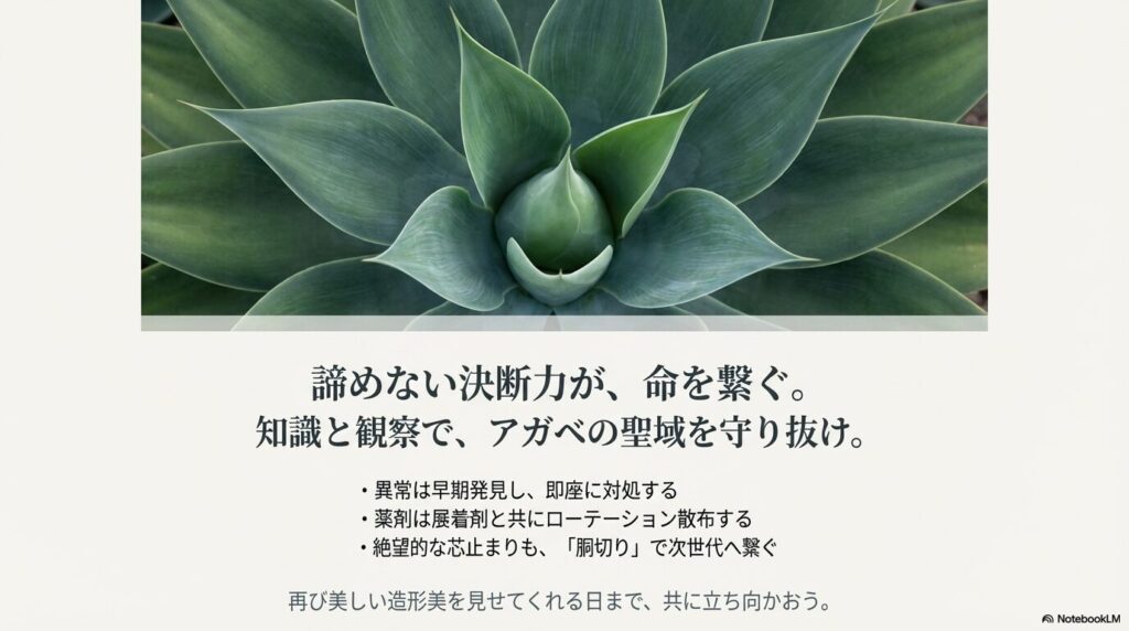 異常の早期発見と薬剤のローテーション散布、胴切りによるアガベの再生と防衛策をまとめた結論スライド