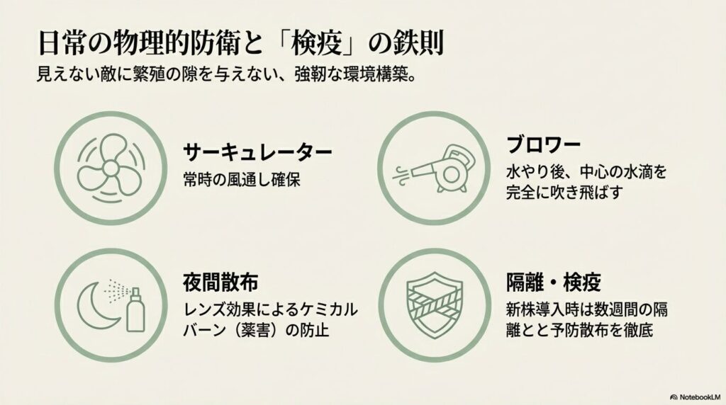 サーキュレーター、ブロワー、夜間散布、新株の隔離・検疫といったアガベの日常的な物理的防衛のアイコン