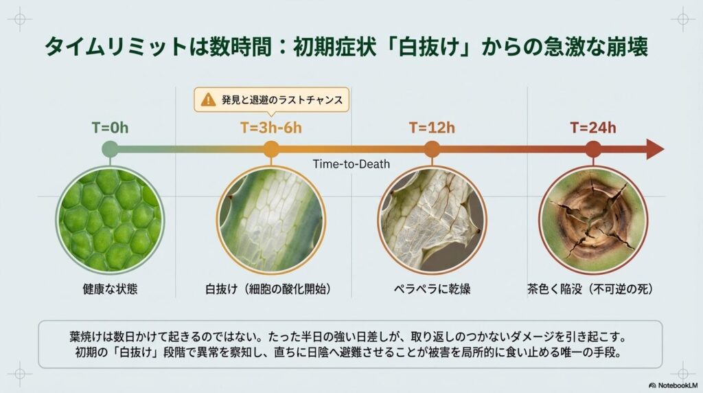 アガベの葉焼けの画像と初期の白抜けから陥没までの進行度合い