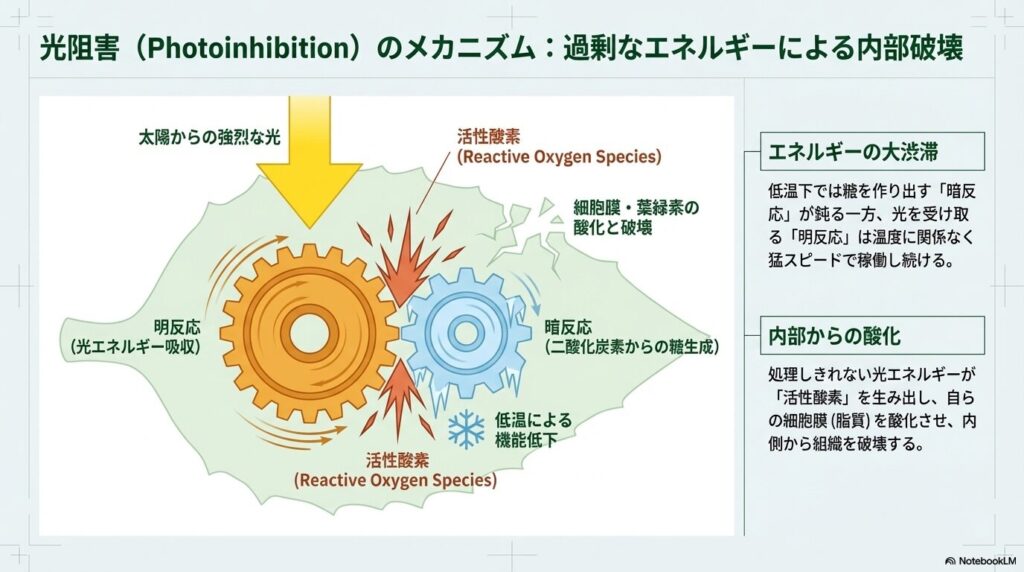 過剰な光エネルギーと低温によるアガベの光阻害と葉焼けのメカニズム図