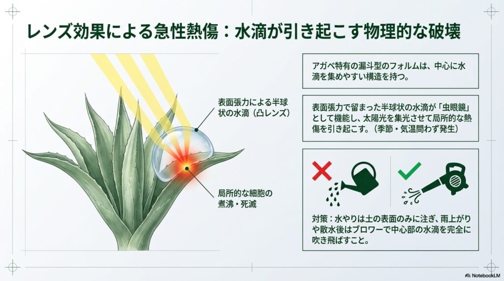 アガベの中心に溜まった水滴が凸レンズとなり葉焼けを引き起こすメカニズム画像