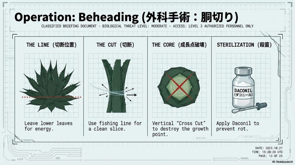 アガベの胴切り・縦割り手術におけるテグスを使った切断と成長点破壊の手順