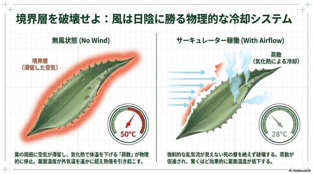 サーキュレーターの風による蒸散の促進とIoTを活用したアガベの葉面温度低下の仕組み