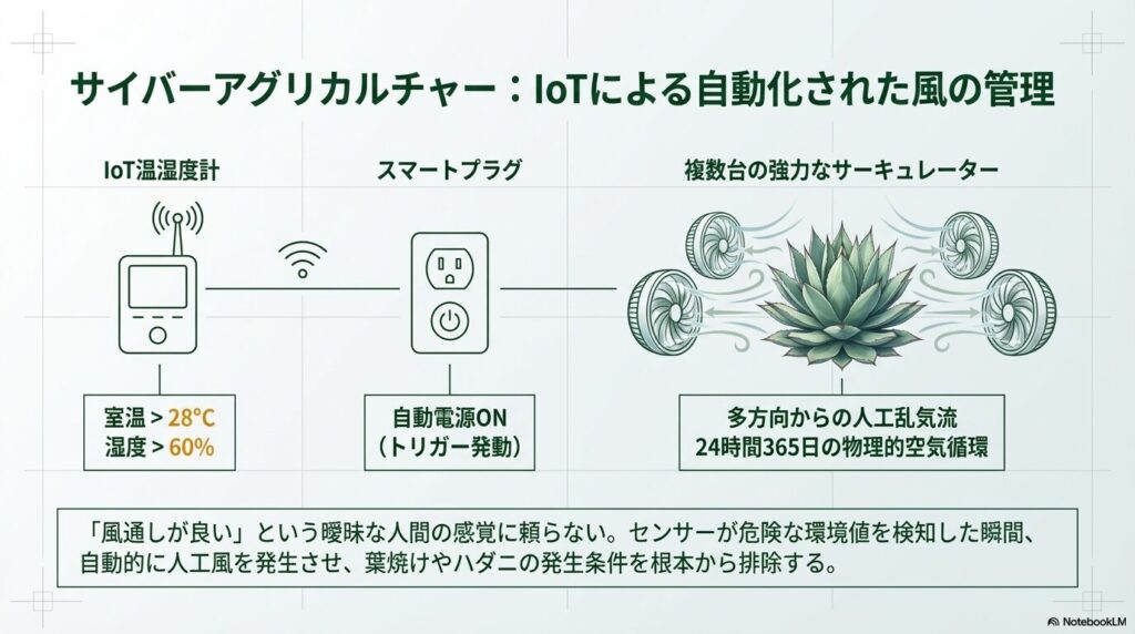 サーキュレーターの風による蒸散の促進とIoTを活用したアガベの葉面温度低下の仕組み
