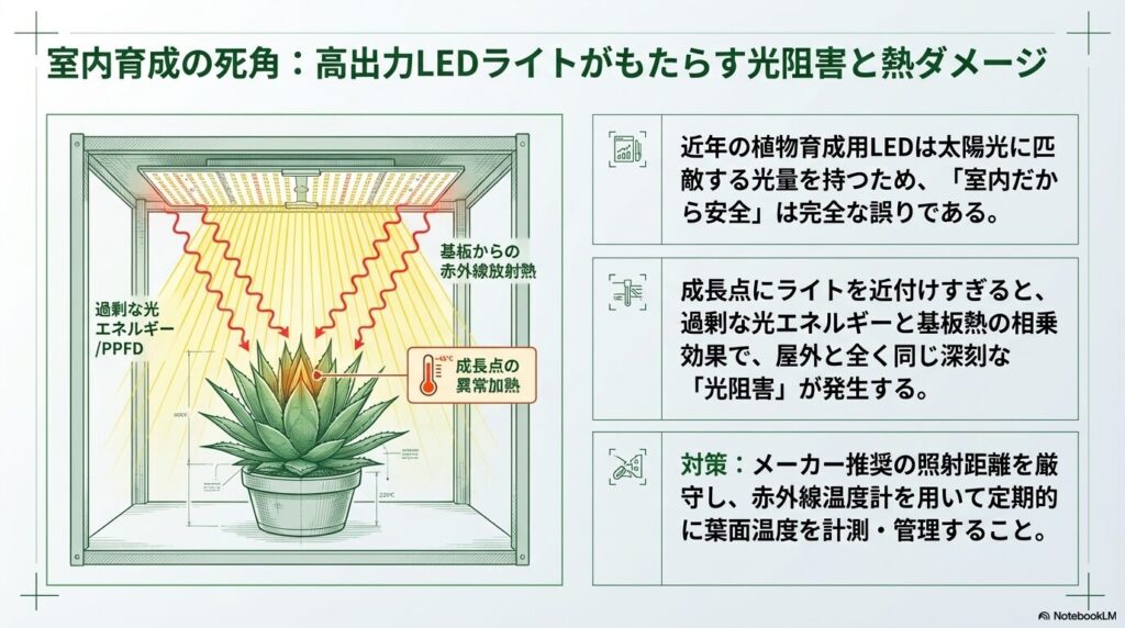 室内育成における高出力LEDライトの近すぎる照射が引き起こすアガベの成長点の異常加熱画像