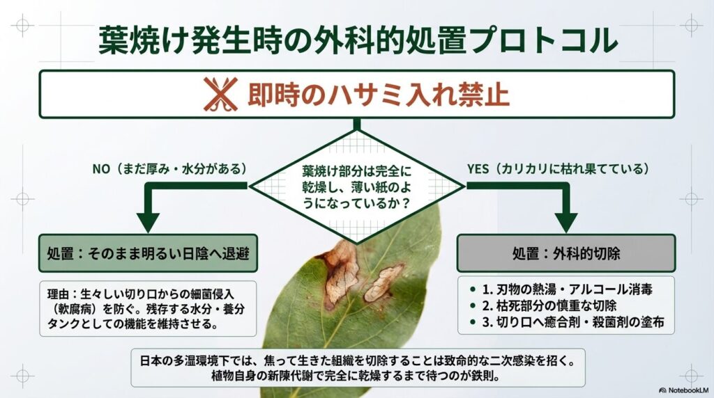 アガベの葉焼け発生時における即時のハサミ入れ禁止と外科的処置のプロトコル図