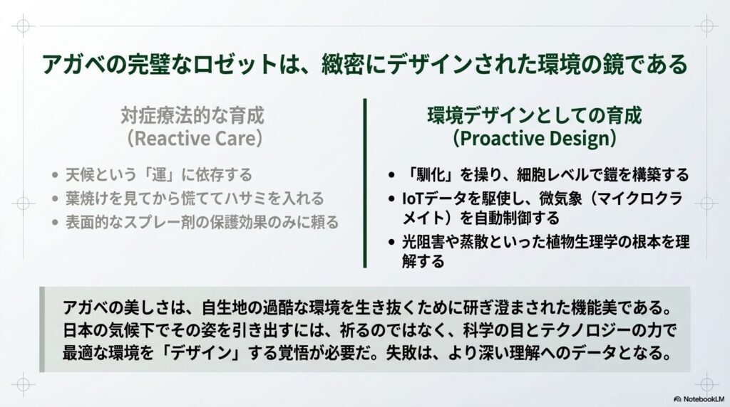 アガベの葉焼け対策における対症療法的な育成とIoTを活用した環境デザインの比較