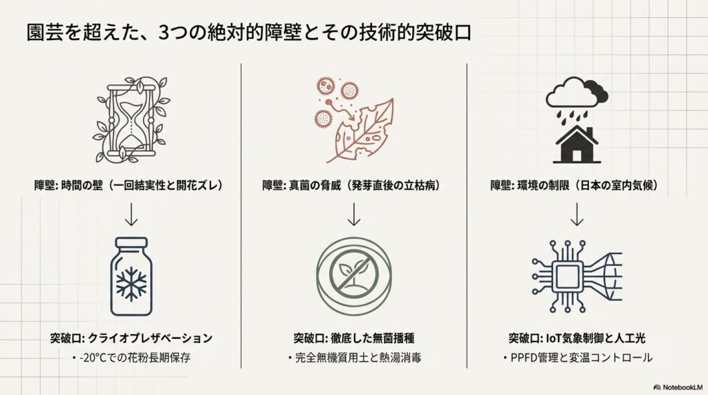 アガベハイブリッド作出における3つの絶対的障壁と技術的突破口を示す図