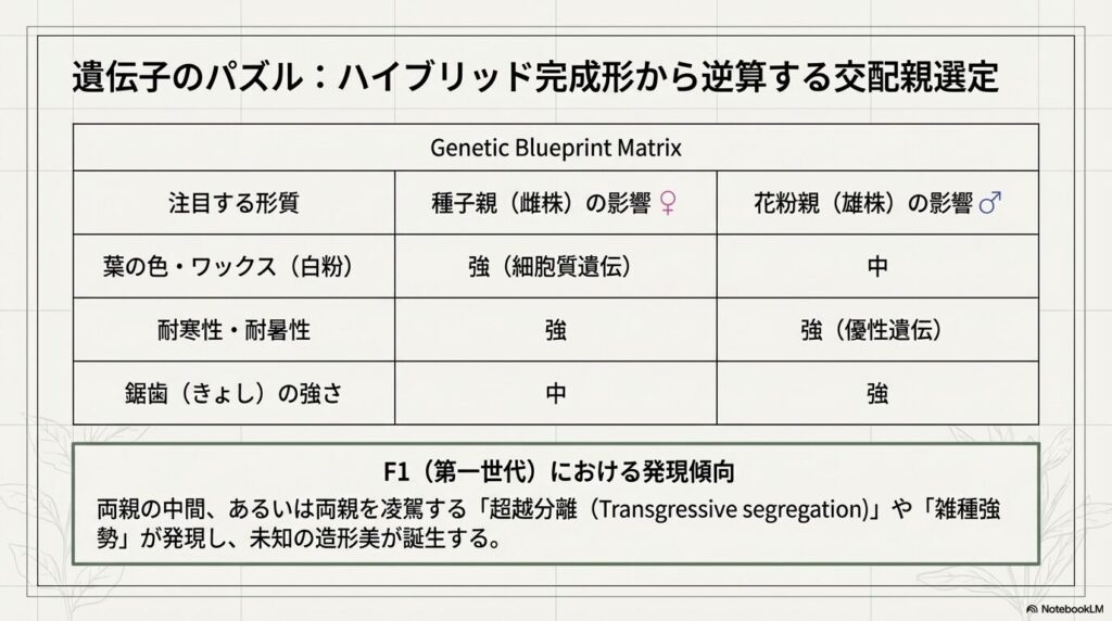 アガベの種子親と花粉親の遺伝的影響を示すマトリックス表