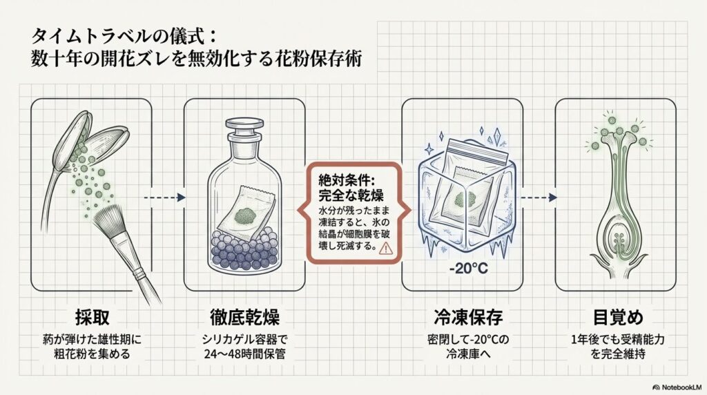 アガベ花粉の採取からマイナス20度での長期冷凍保存までの手順