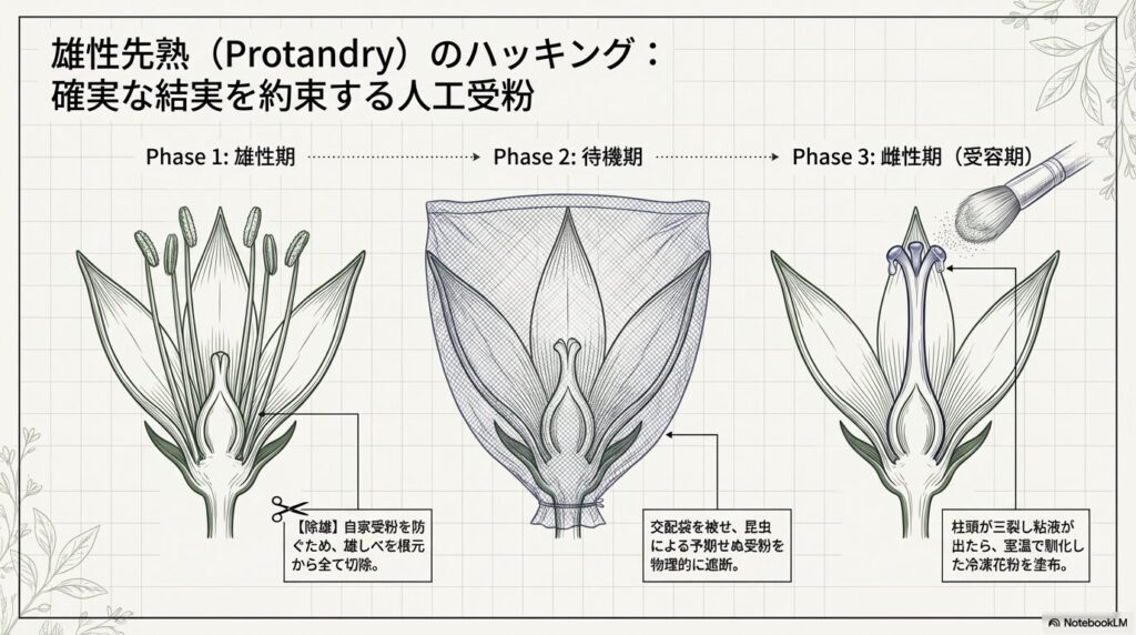 アガベの雄性先熟メカニズムと除雄・人工受粉のプロセス図