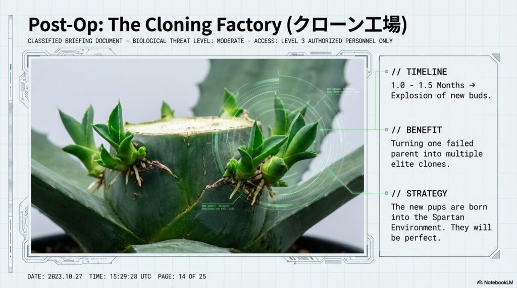 アガベの胴切り手術後、約1ヶ月から1ヶ月半で発生した複数の健康な子株