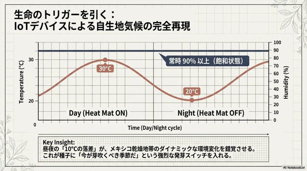 アガベ種子の発芽を促す昼夜の温度差(30度と20度)を示すグラフ