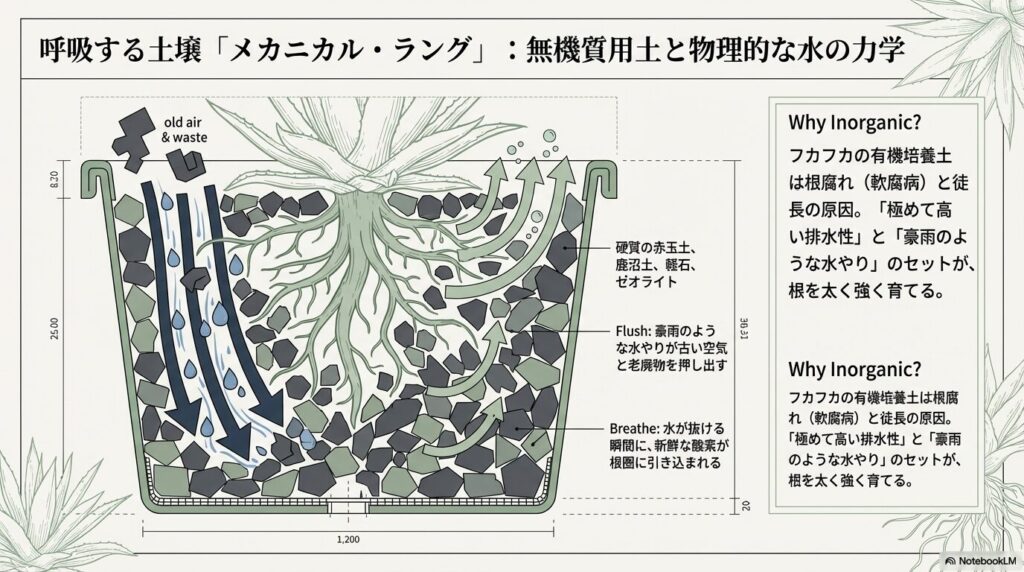 アガベ向けの無機質用土によるメカニカル・ラング(呼吸する土壌)の構造図