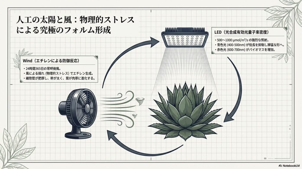 人工の太陽(LED)と風によるアガベの究極のフォルム形成