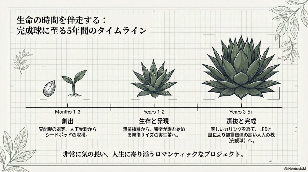 アガベの交配から完成球に至るまでの5年間のタイムライン