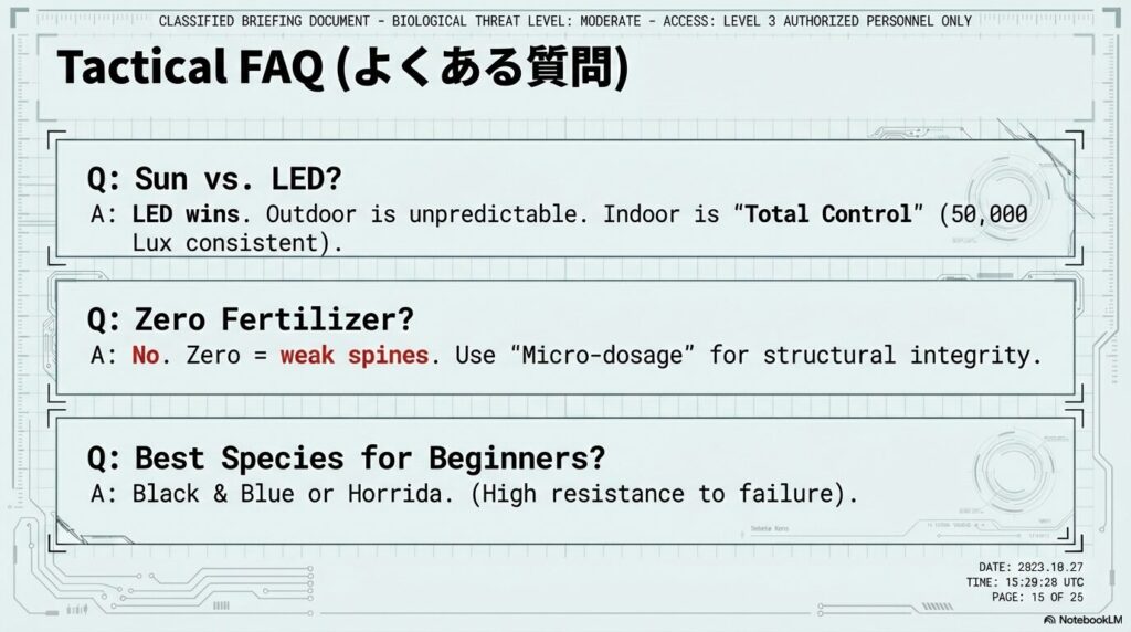 アガベの徒長対策に関するよくある質問（LEDと太陽光の比較、肥料、初心者向け品種）