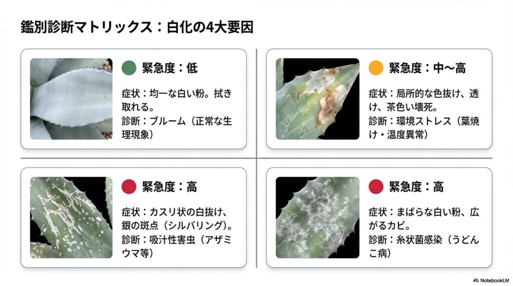 アガベの葉が白くなる4大要因（ブルーム、葉焼け、害虫、うどんこ病）の症状写真と緊急度マトリックス