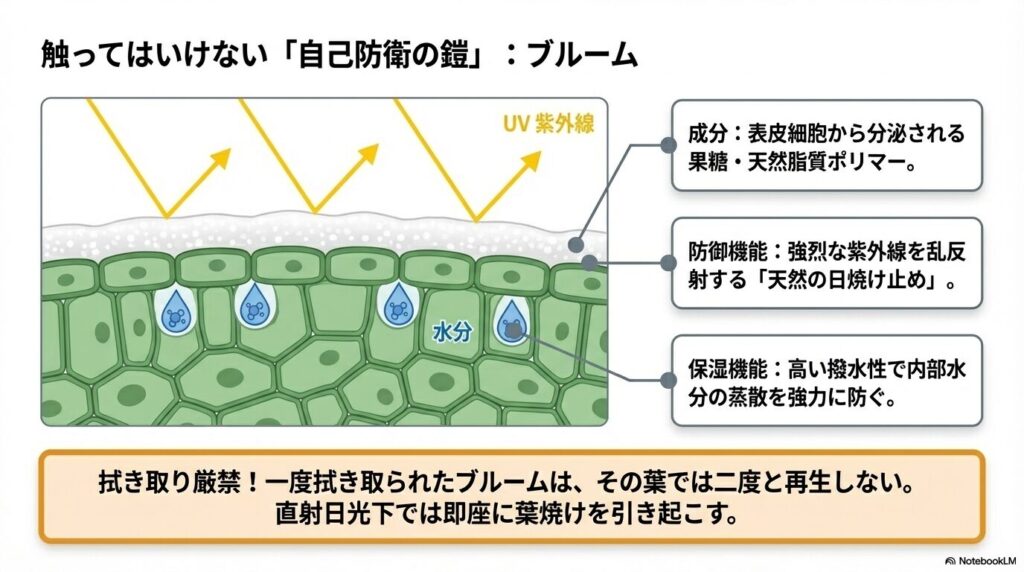 アガベの葉が白くなる正常な生理現象「ブルーム」による紫外線反射と内部水分の蒸散防止メカニズム