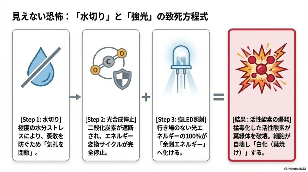 アガベの水切りと強光照射の組み合わせが引き起こす活性酸素の過剰発生と葉焼けのメカニズム図解