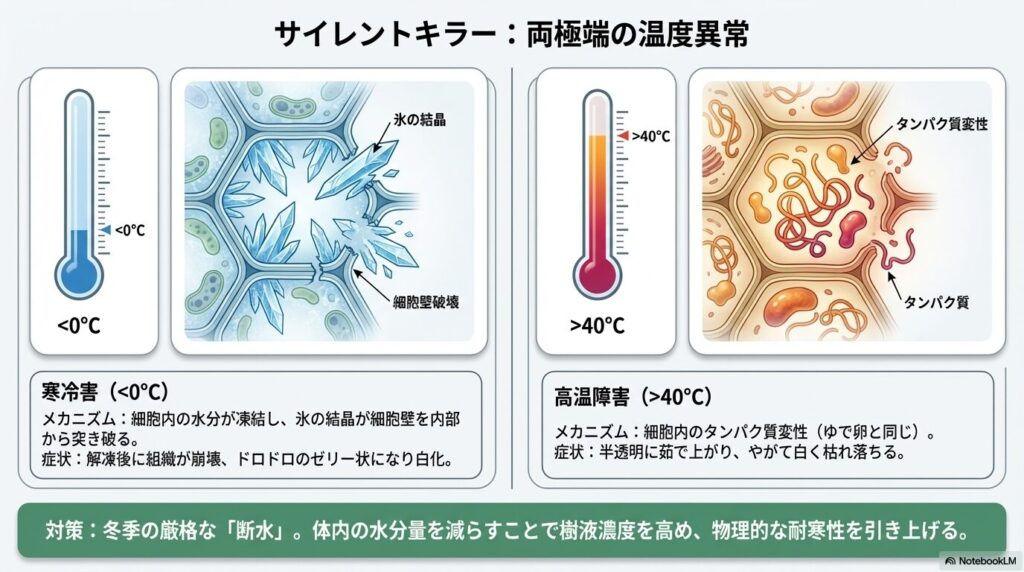 アガベの細胞における氷点下での寒冷害（凍結）と40度以上での高温障害によるタンパク質変性の図解